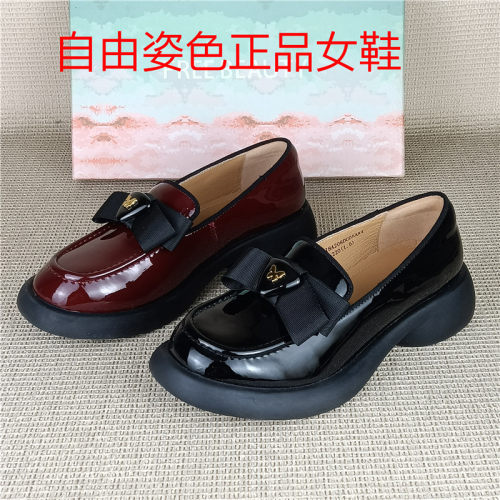 自由姿色正品撤柜真皮英伦风蝴蝶结乐福鞋女厚底一脚蹬百搭单鞋女