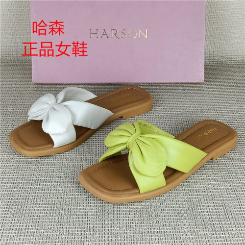哈森正品撤柜真皮女鞋蝴蝶结一字拖鞋平底舒适外穿拖鞋羊皮凉拖鞋