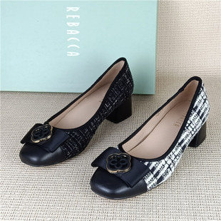 瑞贝卡专柜撤柜断码处理真皮女鞋中跟浅口小香风粗跟浅口气质单鞋