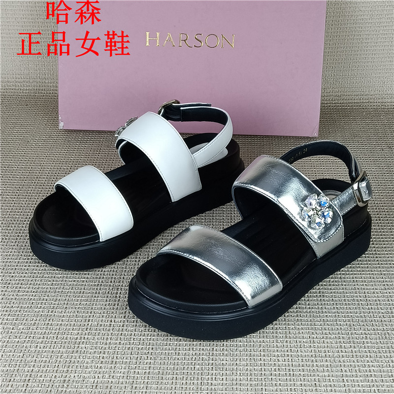 哈森女鞋专柜正品厚底凉鞋女休闲百搭水钻魔术贴一字扣带HM242902图片