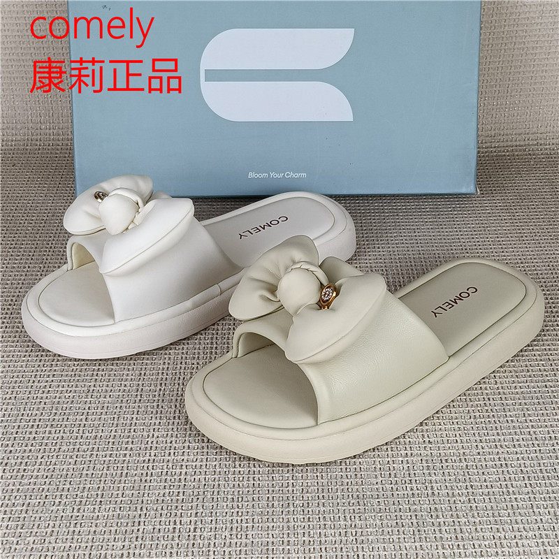 comely康莉正品穿蝴蝶结一字拖女平底露趾休闲凉拖鞋公主风羊皮鞋