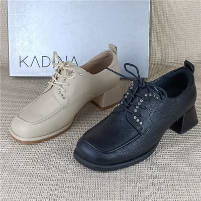 卡迪娜正品撤柜断码处理真皮女鞋粗跟系带英伦风小皮鞋法式单鞋女