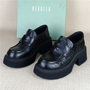 瑞贝卡粗跟真皮厚底乐福鞋春季一脚蹬英伦风增高小皮鞋撤柜短靴鞋