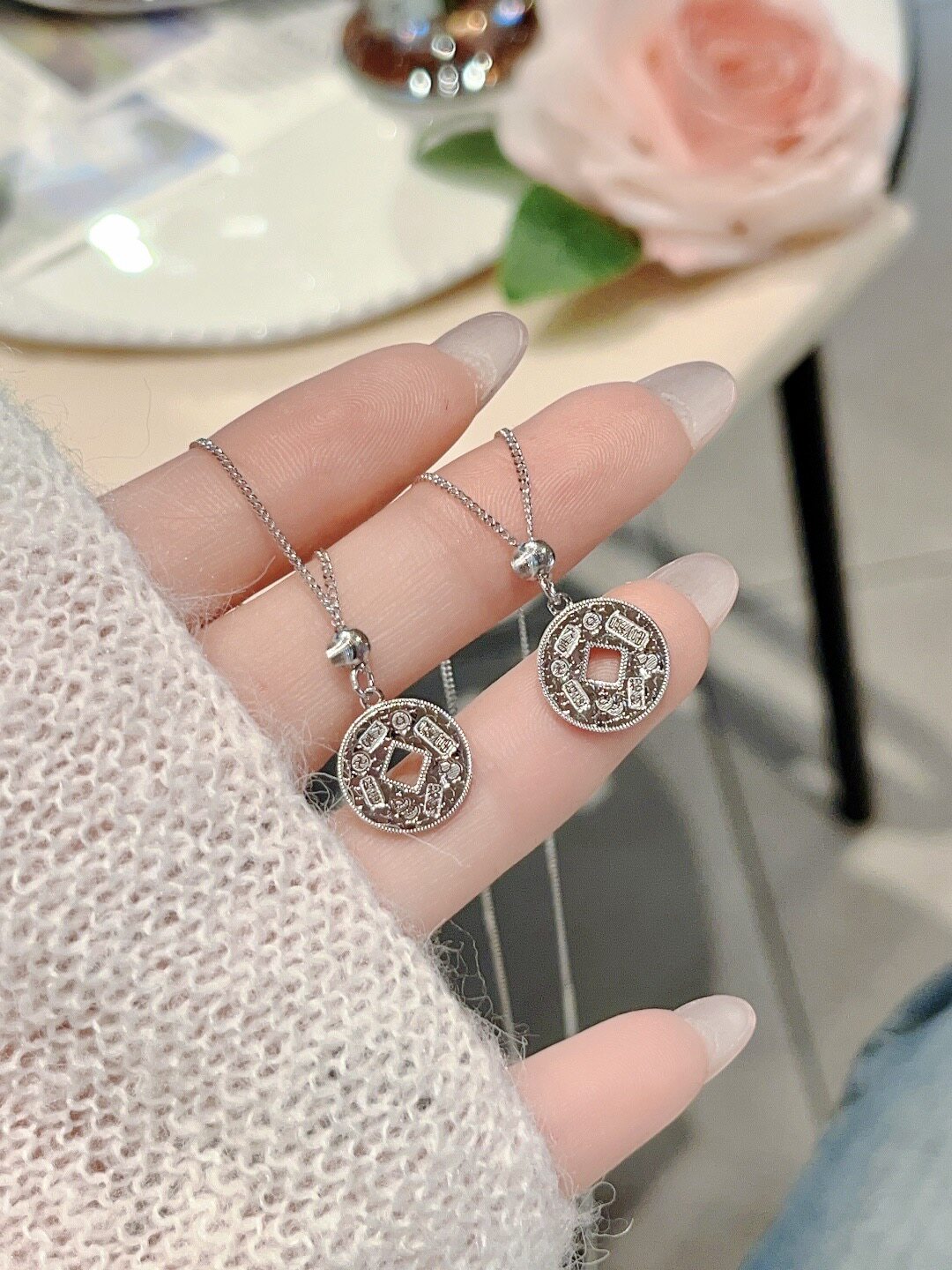 S925银项链碎冰冰吉言钱币项链不褪色礼盒礼袋新年顺丰4