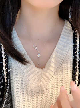 S925银纯银镭射四叶草流苏纯银项链不褪色礼盒礼袋新年顺丰3