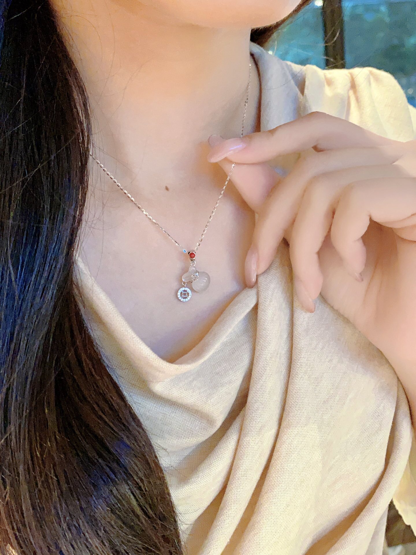 S925银纯银白玉髓福袋铜钱纯银项链不褪色圣诞送礼盒礼袋顺丰10