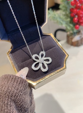 S925银纯银新大花满钻项链不褪色圣诞送礼盒礼袋顺丰12