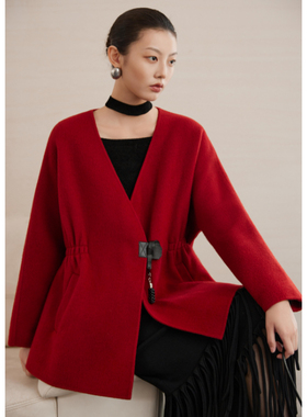 波尔多红色新中式大衣 780104