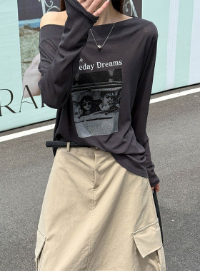 橘芷春夏新款韩系设计感印花字母长袖t恤休闲上衣91153
