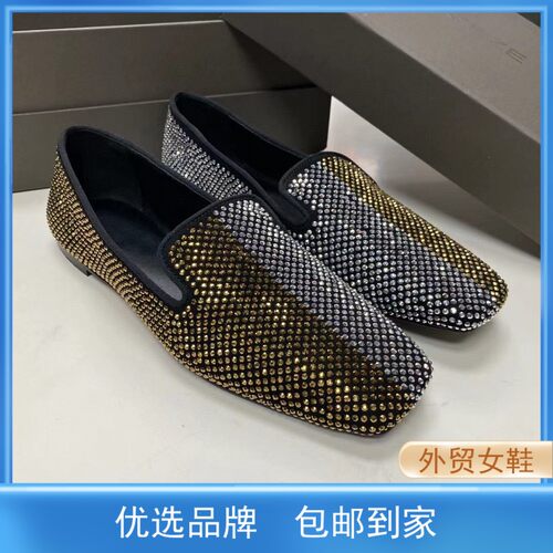 2023新款外单小众品牌手工烫钻亮闪时尚方头羊皮平底乐福潮流女鞋