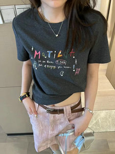 欧洲站2024春夏新款欧货韩系风彩色字母小版显瘦圆领短袖T恤女潮