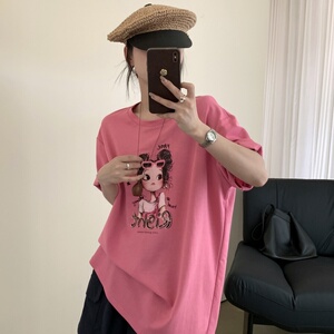 欧洲站2025夏季新款欧货休闲宽松圆领短袖卡通女孩字母印花T恤女