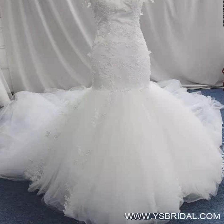 YSBRIDAL新娘修身一字肩长款鱼尾蕾丝婚纱礼服
