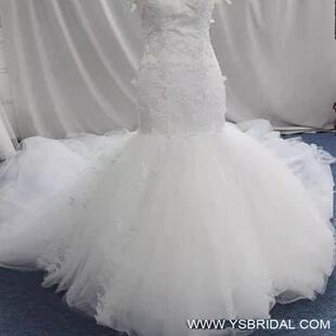 YSBRIDAL新娘修身 鱼尾蕾丝婚纱礼服 一字肩长款