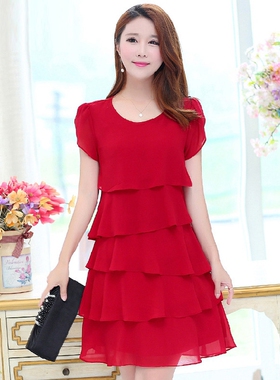 蛋糕裙连衣裙夏宽松a字版型胖mm修身裙遮肚子连衣裙显廋短袖中裙