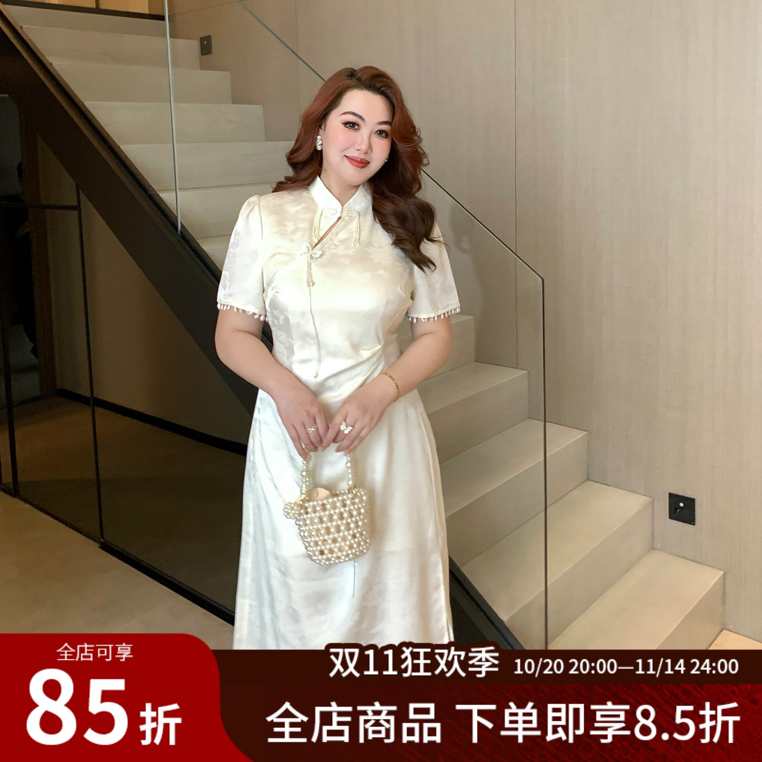 大码女装新中式复古镂空连衣裙