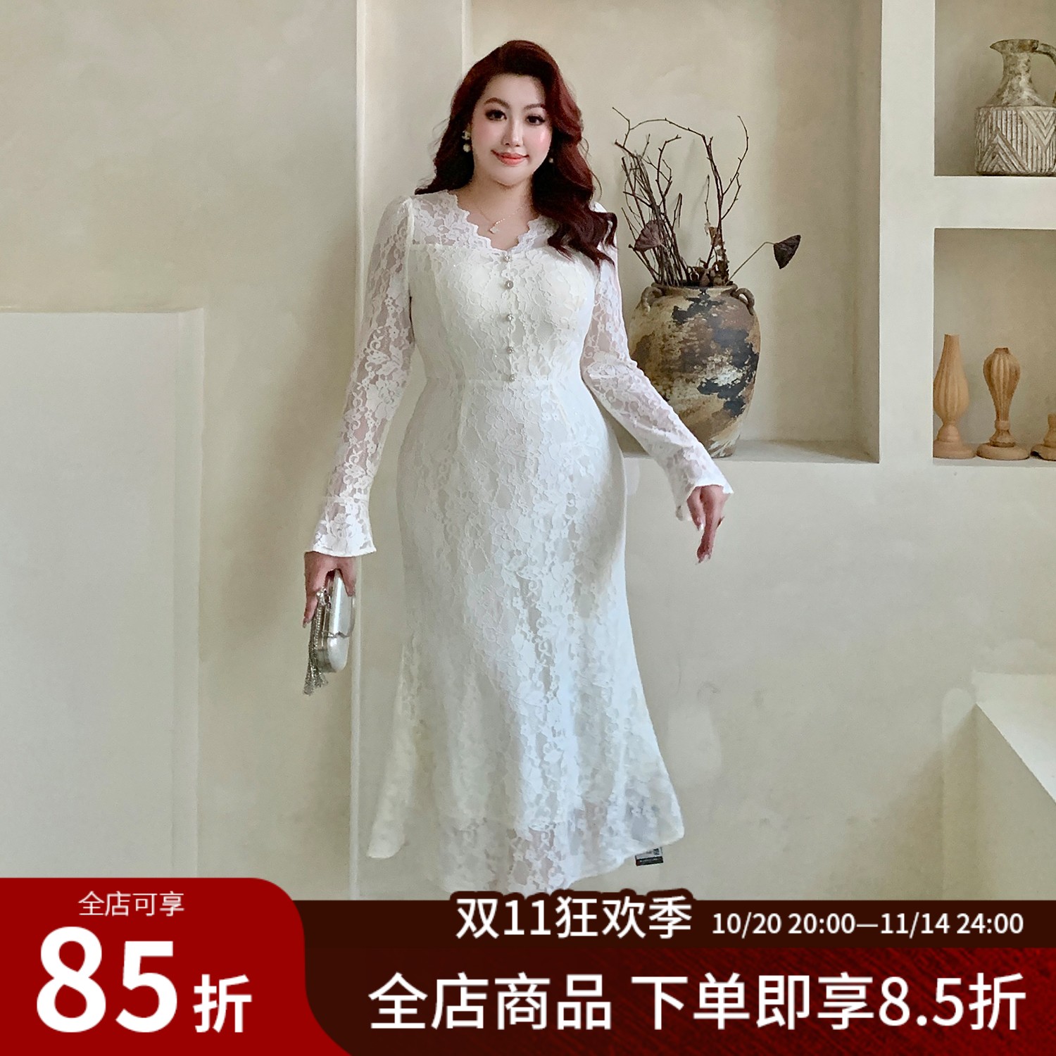 大码女装法式复古V领蕾丝连衣裙