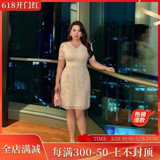 GLEC大码女装夏装2024新款高端时尚气质女神范白色V领蕾丝连衣裙