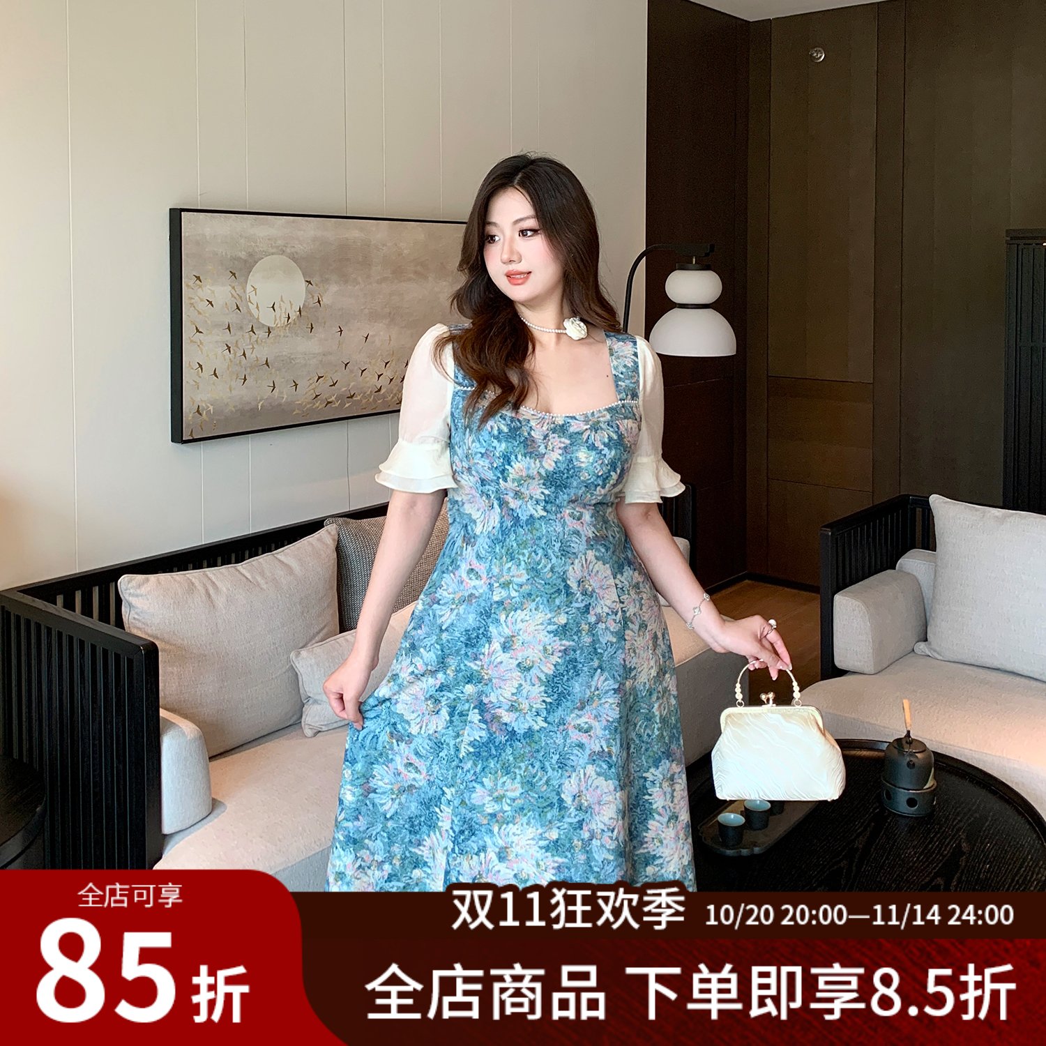 大码女装法式复古油画碎花连衣裙