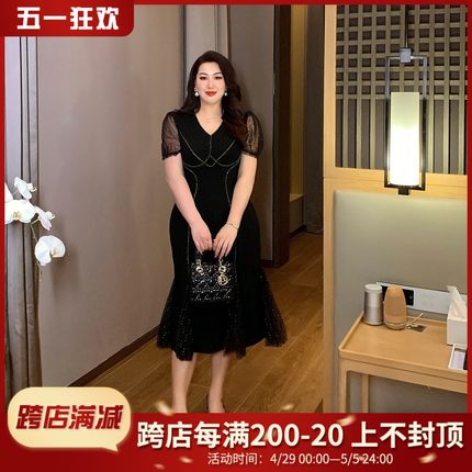 GLEC大码女装2024夏季新款高端轻奢钉珠法式赫本风黑色鱼尾连衣裙