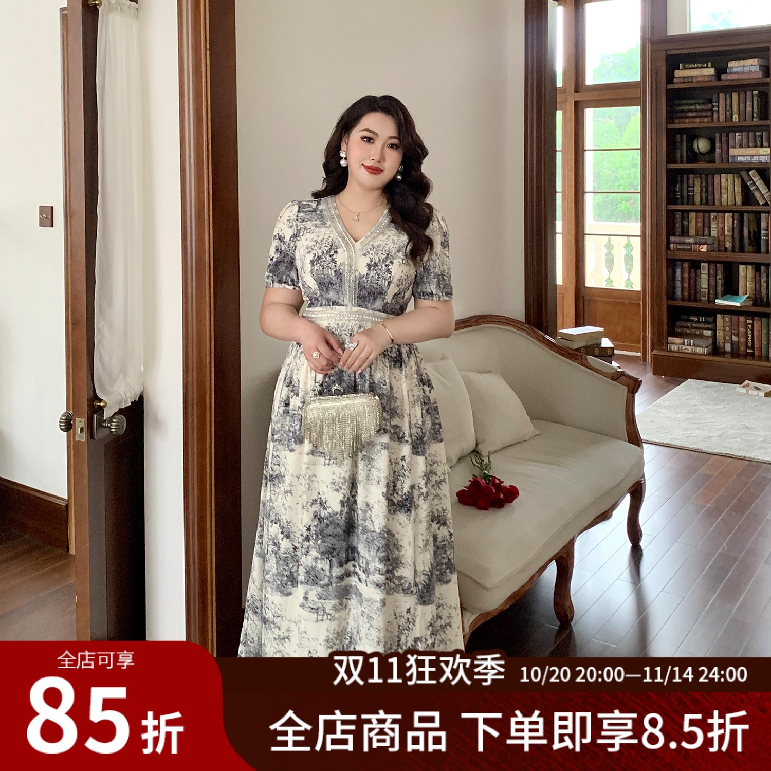 大码女装新中式重工钉钻连衣裙