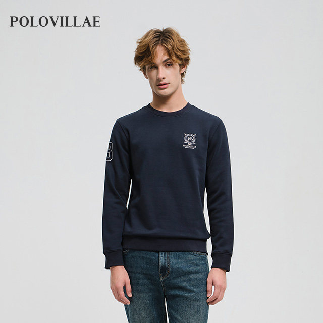 Polovillae男士圆领经典马标刺绣长袖卫衣2025男长袖T恤ABQF195