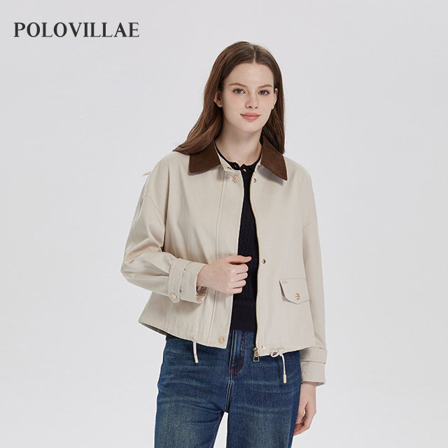 Polovillae女士专柜同款精品撞色翻领简约女短外套女风衣AEQF783