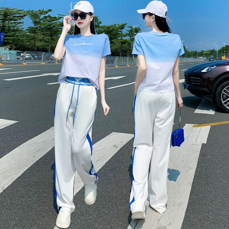 短袖运动休闲套装女夏2024新款时尚跑步显瘦渐变色短款上衣两件套