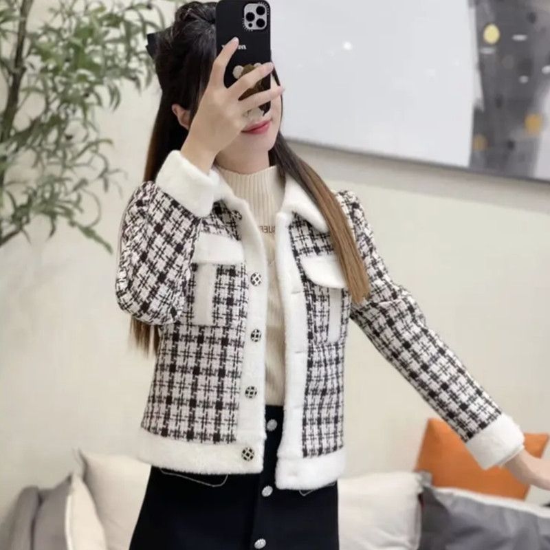 毛绒绒白毛领加厚小香风外套女秋冬新款洋气外搭千鸟网红开衫上衣