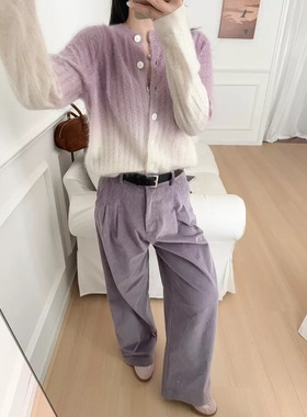 紫色灯芯绒西装裤女秋冬新款高腰显瘦垂感直筒阔腿裤休闲长裤子