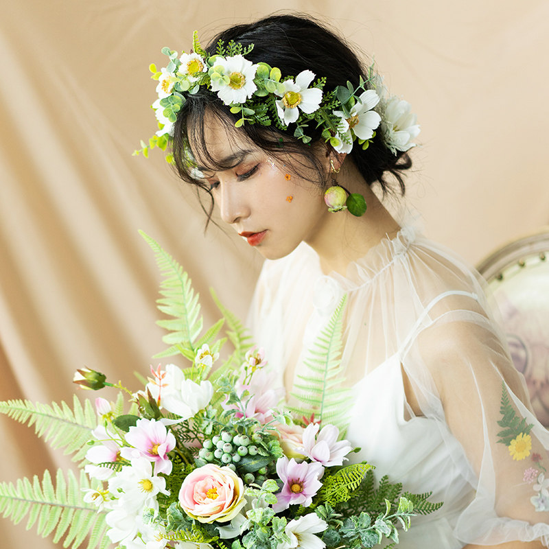 森女系小清新唯美超仙新娘花环头饰头纱海边度假婚纱影楼拍照道具