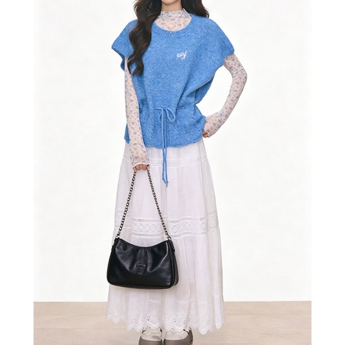 【新品】WESTAYONE针织短袖上衣女小飞袖毛衣+碎花网纱打底+长裙