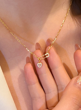 s925纯银小众粉钻爱心回形针项链女感甜美ins女友颈链