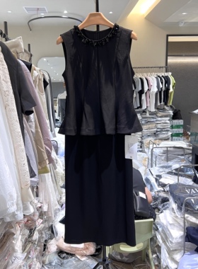 轻熟千金小香风黑色无袖背心流行套装裙女夏新款高腰半身裙两件套