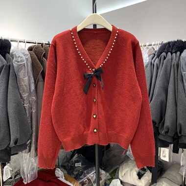 法式钉珠蝴蝶结v领针织开衫2026春新小香风高腰外穿毛衣上衣5685