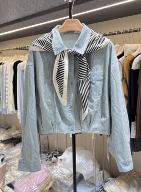 2026年春季韩风牛仔衬衫女长袖翻领宽松休闲百搭上衣带丝巾26137