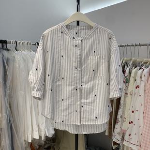 爱心刺绣竖条纹衬衫 宽松长袖 时尚 洋气减龄上衣2696 女2026春夏新款