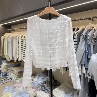 衬衫 修身 上衣女672 一字领弹力褶皱荷叶边薄款 东大门2026早夏新款