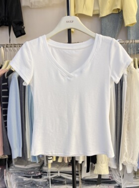 美式复古纯欲正肩V领短袖t恤女设计感小众甜辣妹修身百搭上衣6510