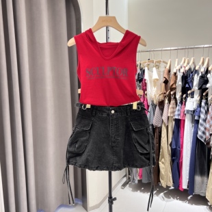 连帽背心修身显瘦上衣+工装短裙裤两件套装女2026夏装新款辣妹风