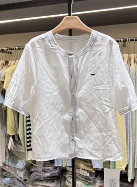 字母刺绣条纹圆领天丝麻料小衫夏季新韩系气质休闲短袖衬衫82621