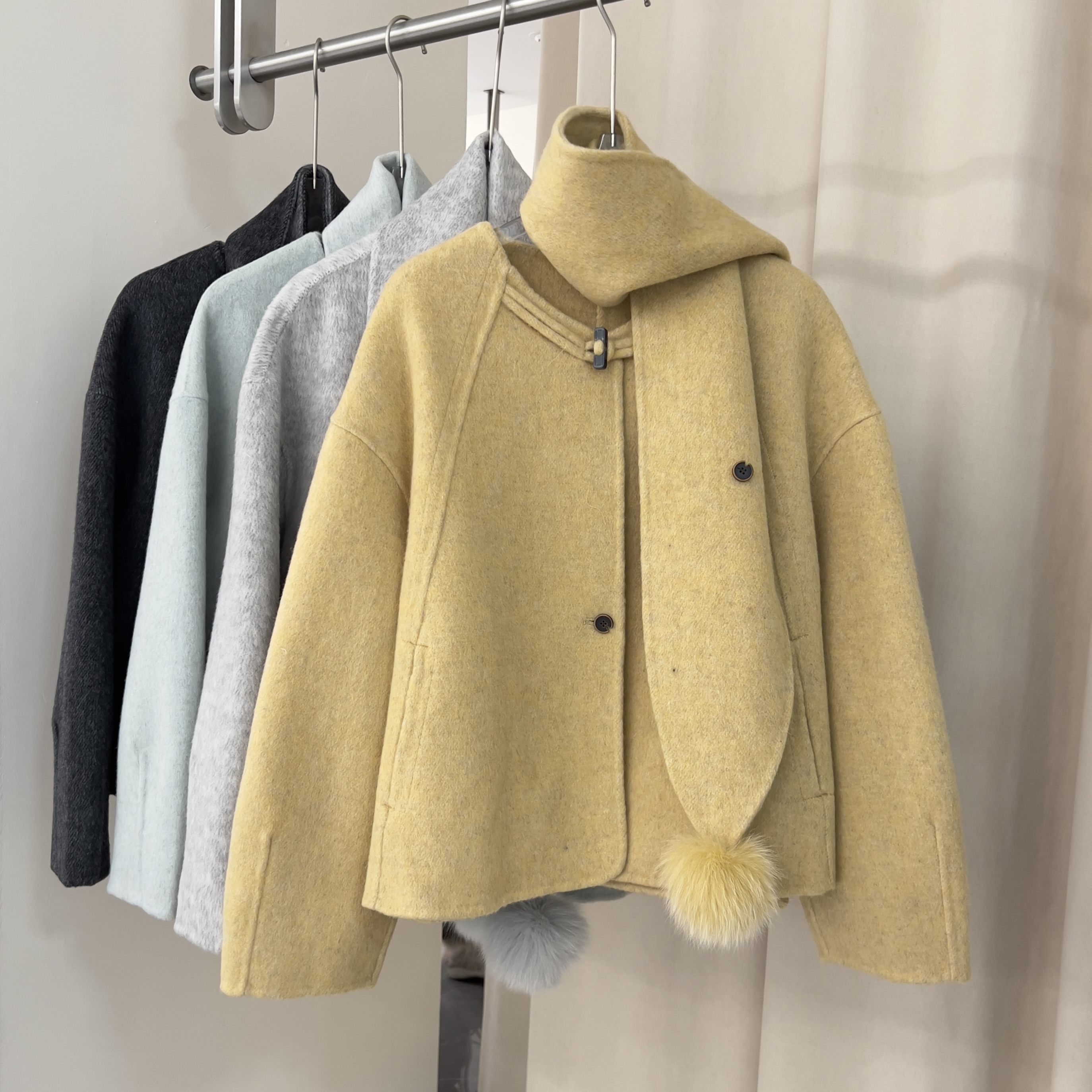 韩系2025秋冬新款女韩版100%双面羊毛大衣女小个子时髦围巾毛球