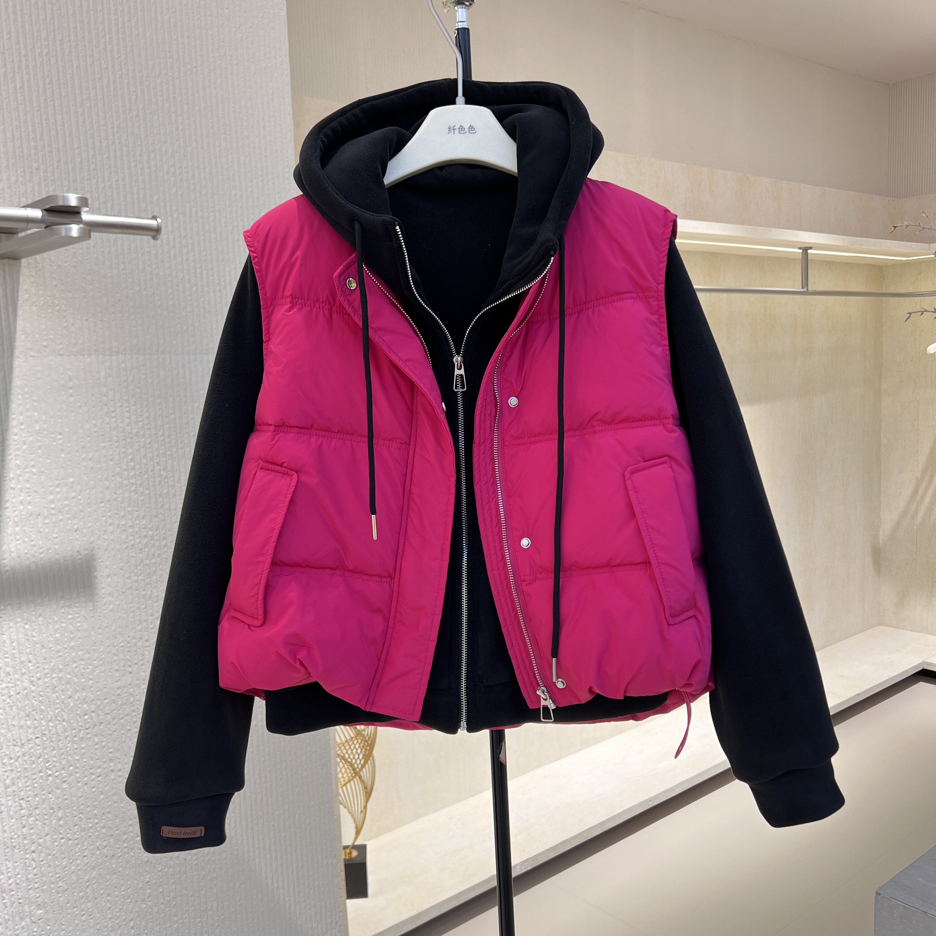 2026秋冬棉马甲连帽卫衣两件套女立领无袖棉服马甲卫衣叠穿套装