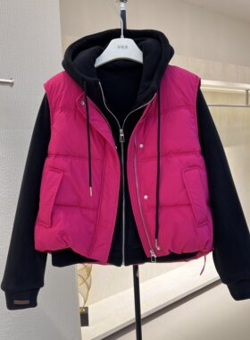 2026秋冬棉马甲连帽卫衣两件套女立领无袖棉服马甲卫衣叠穿套装