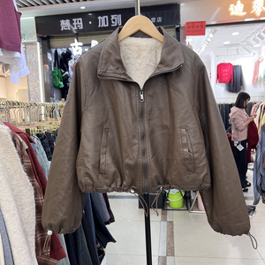 2024秋冬新款时髦简洁立领抽绳仿羊皮皮衣女拉链机车皮夹克短外套