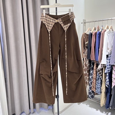 可取复古格子屁帘工装牛仔裤女秋季2025新款设计感直筒宽松阔腿裤