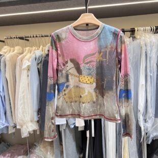 T恤女圆领套头打底衫 2026夏季 长袖 女装 印花图案上衣潮31867 新款