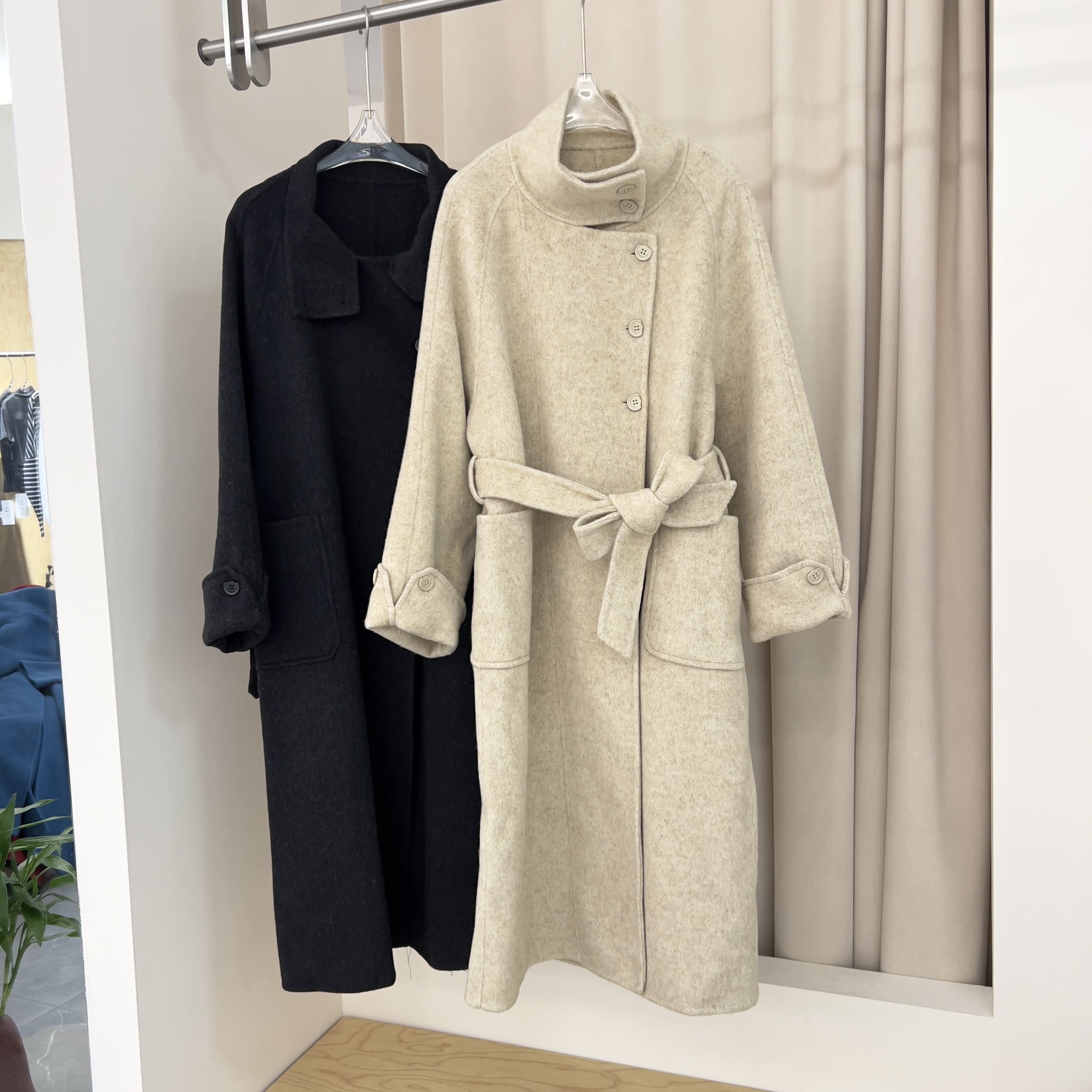 高端立领长款双面羊绒大衣女2025新款系带修身大气优雅羊毛呢外套