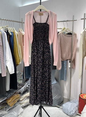 2026春季新款两件套显瘦气质开衫法式复古碎花吊带连衣裙66025