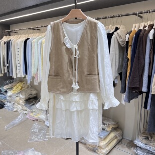 法式气质麂皮绒马甲连衣裙套装女2026春夏新款V领系带A字裙两件套